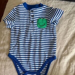 Little Me Blue and White Striped Bodysuit with Green Pocket